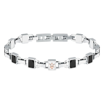 Ανδρικό βραχιόλι Maserati JM424ATZ41 από ανοξείδωτο ατσάλι και κεραμικό, με ασημί-μπλε χρώμα και ροζ χρυσή τρίαινα.